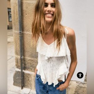 NWT Zara SWISS EMBROIDERY STRAPPY TOP Size Medium V-Neck Tank in White